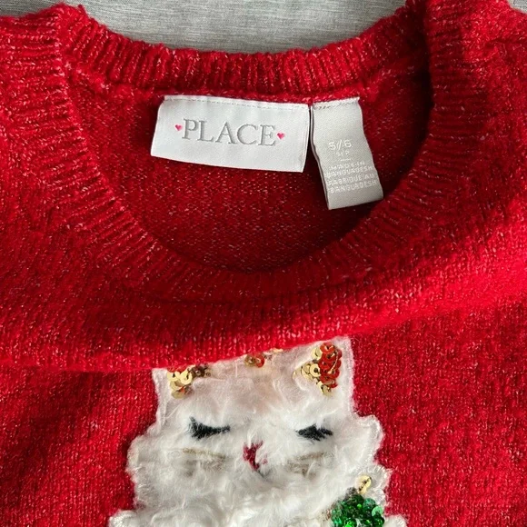 Girls Sequin Christmas Cat Sweater - Red - Picture 5 of 7